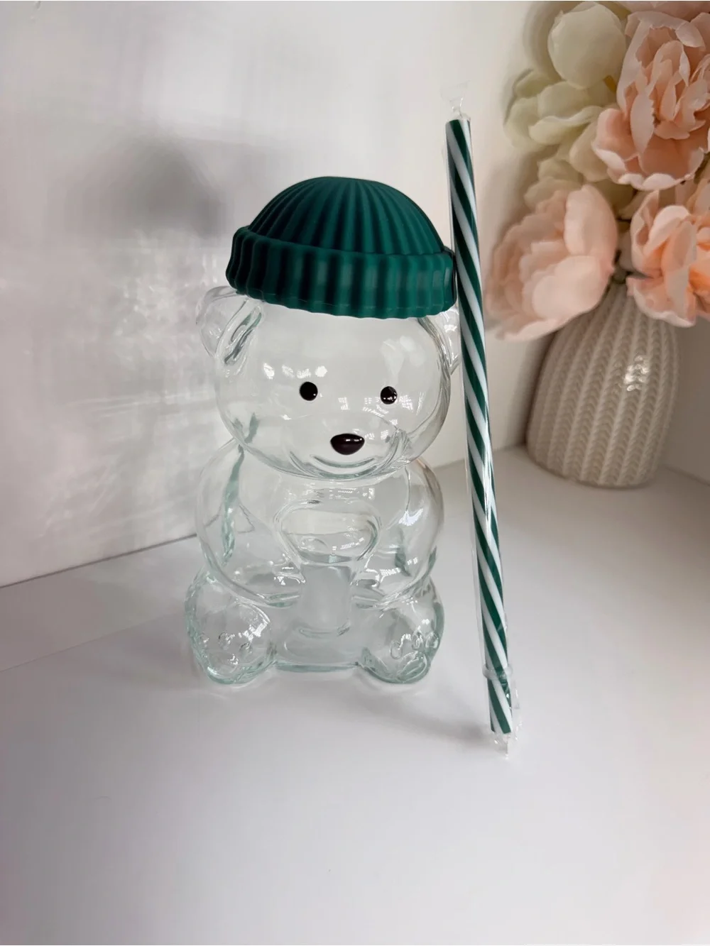 Green-Top Clear Bear Drink Cup with Straw - Party Supply